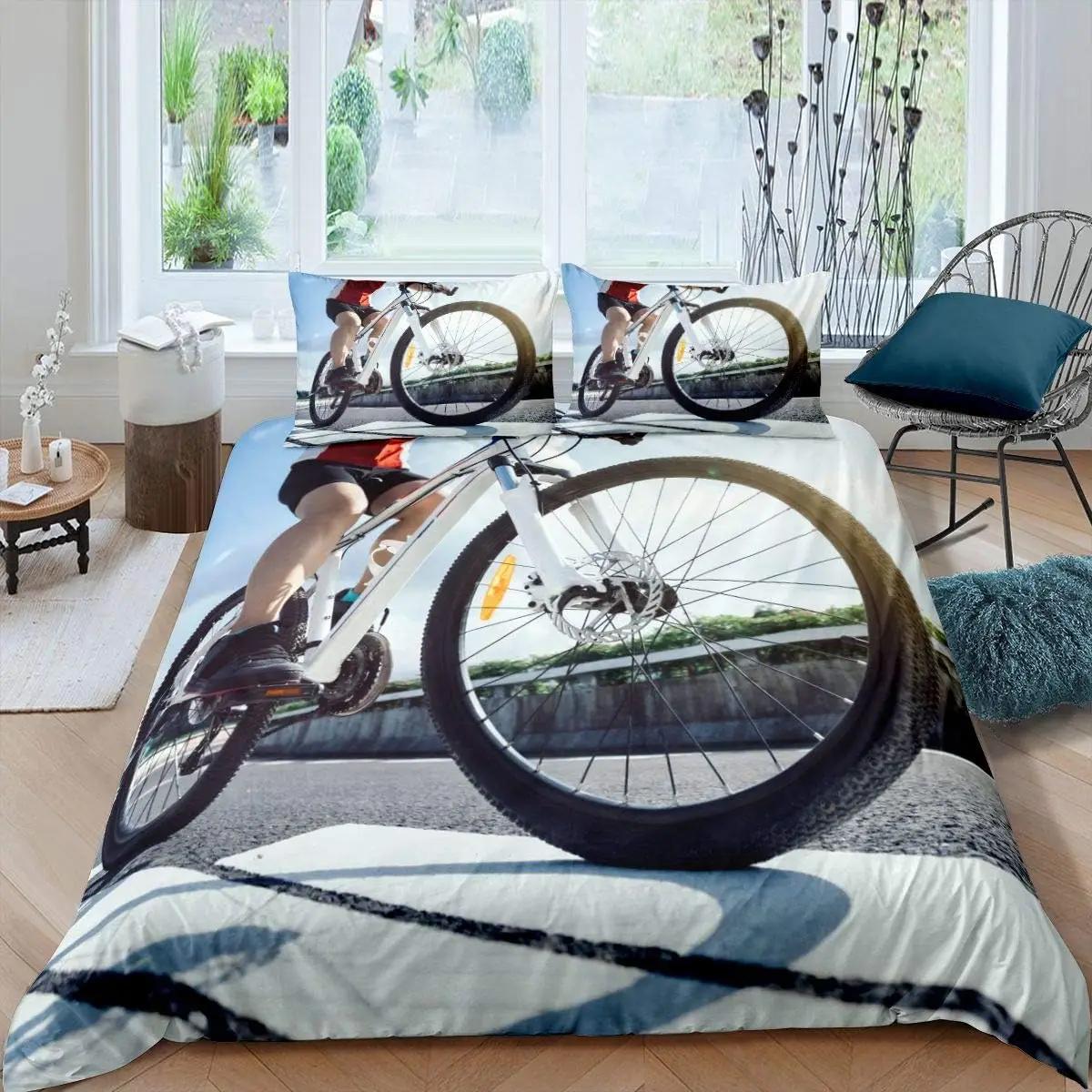 Grosstor Unisex Boys Bicycle Rider Duvet Cover Mountain Bike Pattern Bedding Set For Kids Girls Extreme Sport Theme Quilt Cover With Pillowcases