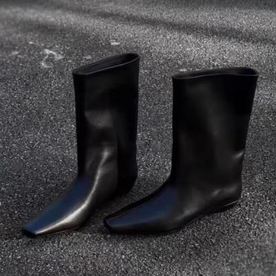 Fashion Designer 2025 New Women High Boots Flats Square Toe Leather Shoes Elegant Winter Mid Calf Boots Brand Party Woman Knight's Botas