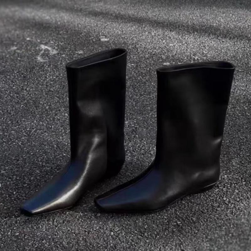 Fashion Designer 2025 New Women High Boots Flats Square Toe Leather Shoes Elegant Winter Mid Calf Boots Brand Party Woman Knight's Botas