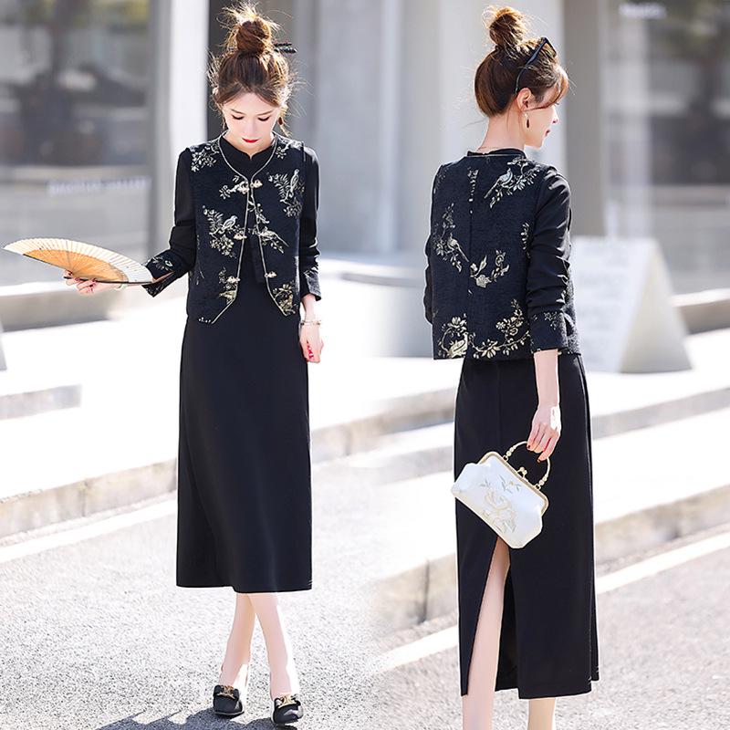 

Весна 2025 Ретро Китайский стиль Жилет Платье из двух частей YW8987 XXL (62.5-67.5 kg) чёрный