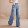 Women's Casual Mid- Wide Leg Denim Jeans with Floral Embroidery for Everyday Wear