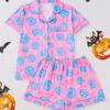 Halloween Women's Pajama Set Lapel Collar Open Front Cardigan Short Sleeve & Shorts Loungewear Loose Ultra Soft Casual Homewear Sleepwear Outfit