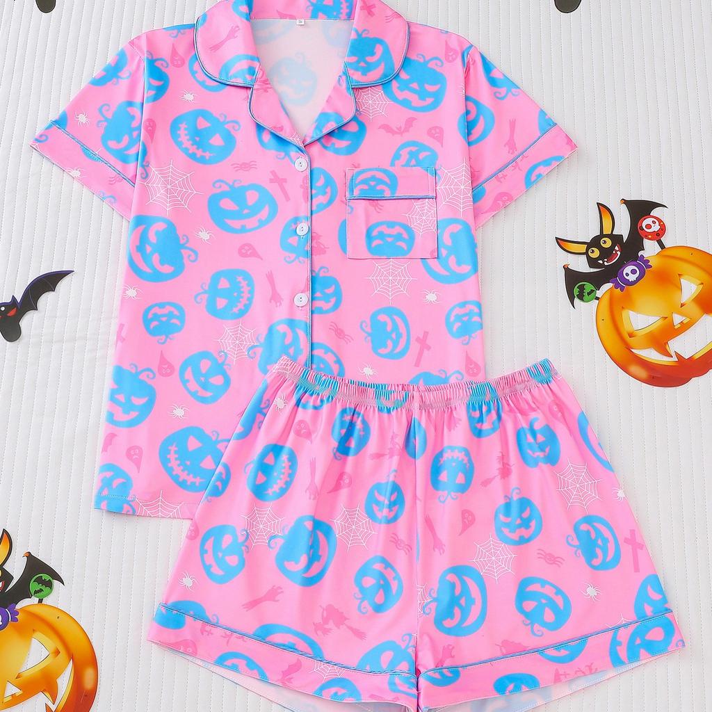 Halloween Women's Pajama Set Lapel Collar Open Front Cardigan Short Sleeve & Shorts Loungewear Loose Ultra Soft Casual Homewear Sleepwear Outfit