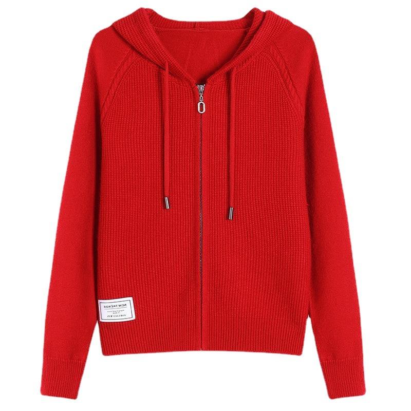 Women's Hooded Sweater Short Zipper Knitted Cardigan Spring Outerwear Hooded Sweater