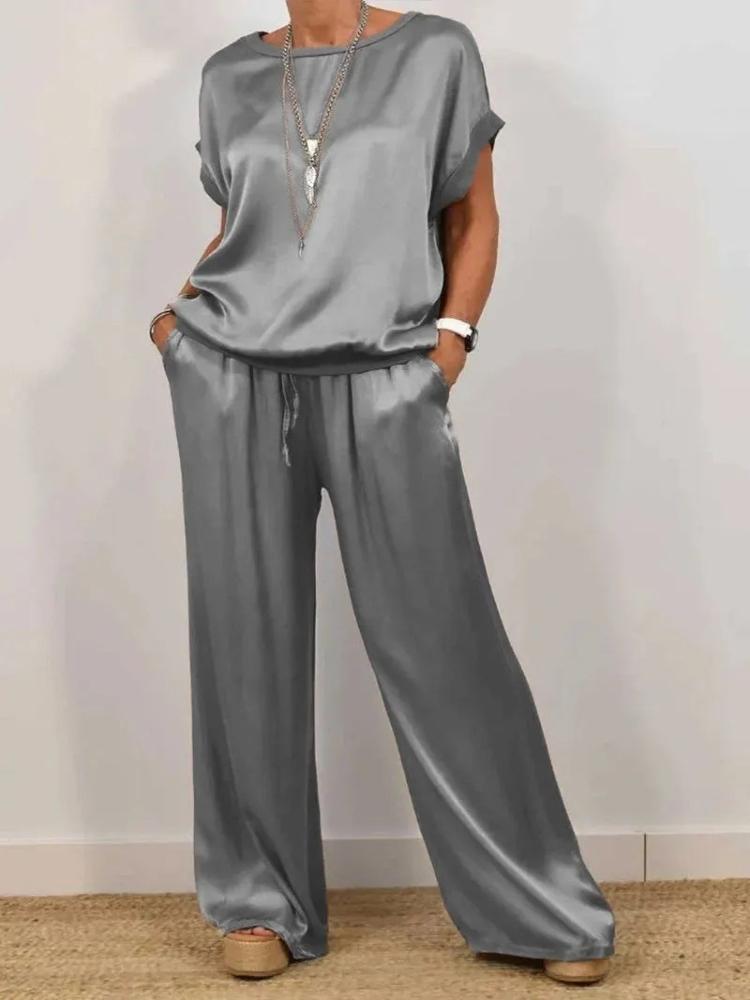 White Oversized Short Sleeve Shirt and Off-White Wide Leg Drawstring Pants Set
