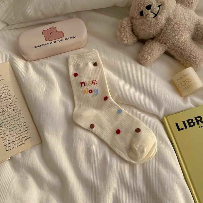 

Preppy Style Letter Cartoon Bear White Mid-Leg Socks Women S Thin Breathable Mesh Cute Sports Socks one size