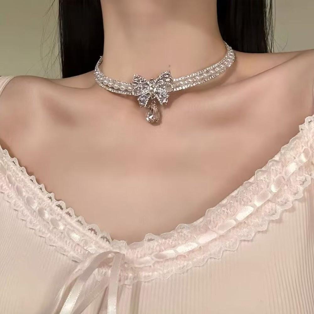 Collier avec Perles Nœud Argenté Pompon Bijou de Cou Brillant Perles Personnalisées Choker Strass pour Cadeau