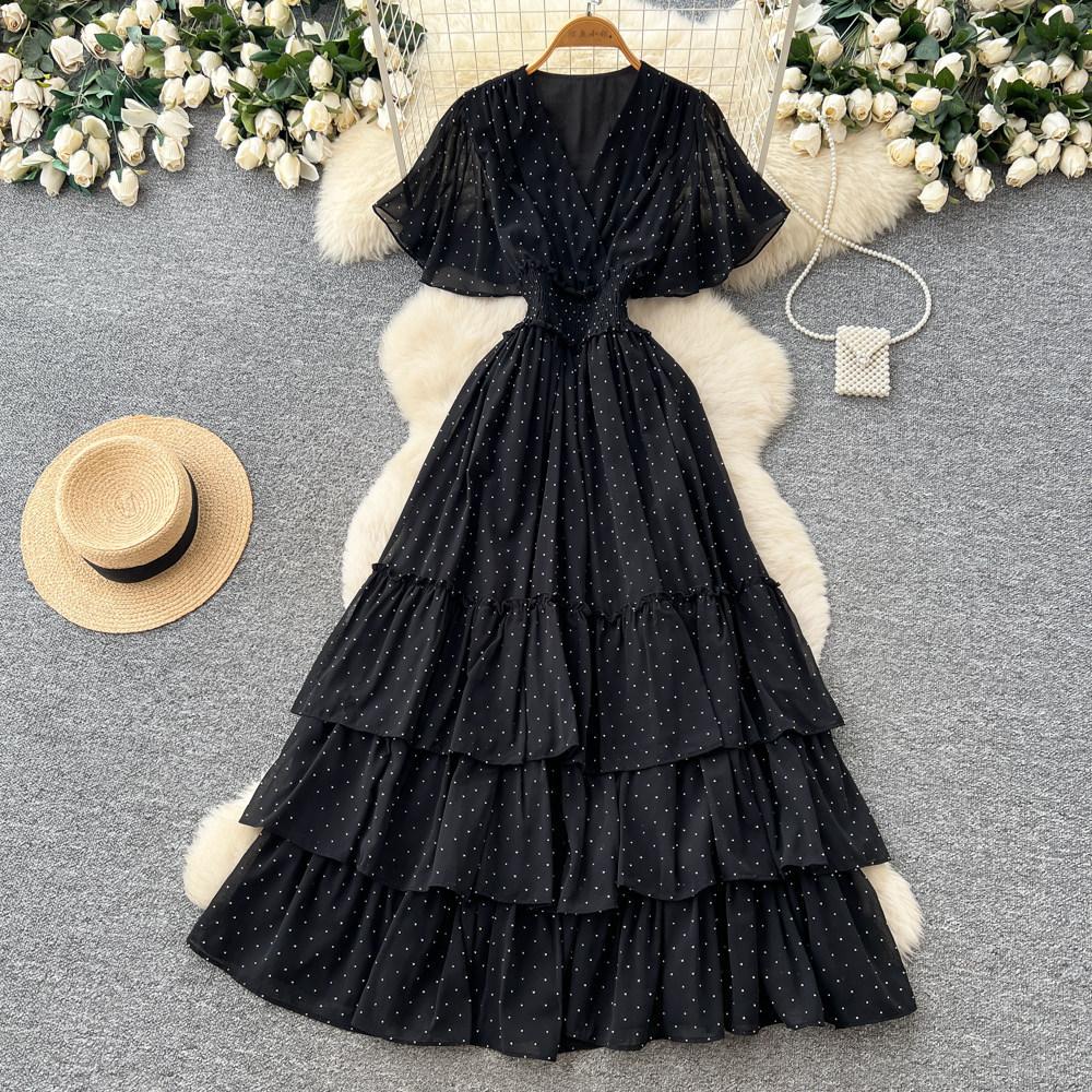 French V-neck red polka dot temperament dress women's summer waist and thin A-shaped cake dress dopamine style