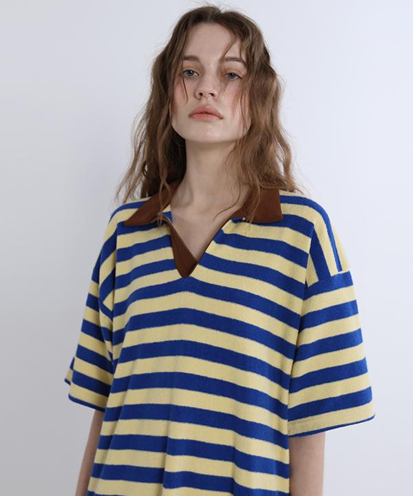 Green Butter Terry Stripe Collar Dress (Blue/Brown)