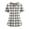 Women's Plaid Print V-Neck and Caregiver Top with Double Pockets and Split Hem Short Sleeves