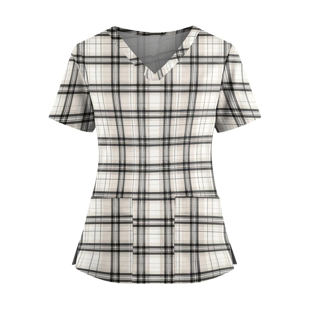 Women's Plaid Print V-Neck and Caregiver Top with Double Pockets and Split Hem Short Sleeves