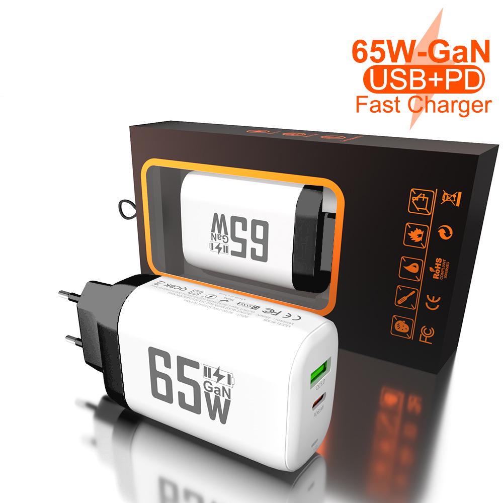 65W GaN QC 3.0 PD Fast Charger, USB, EU/US Spec, 9V/12V Compatible for Laptop