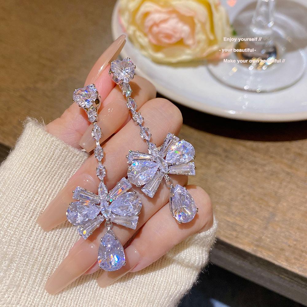 Sparkling Zircon Butterfly Earrings High-end Light Luxury Water Droplet Tassel Earrings Sweet Temperament Women s Accessories