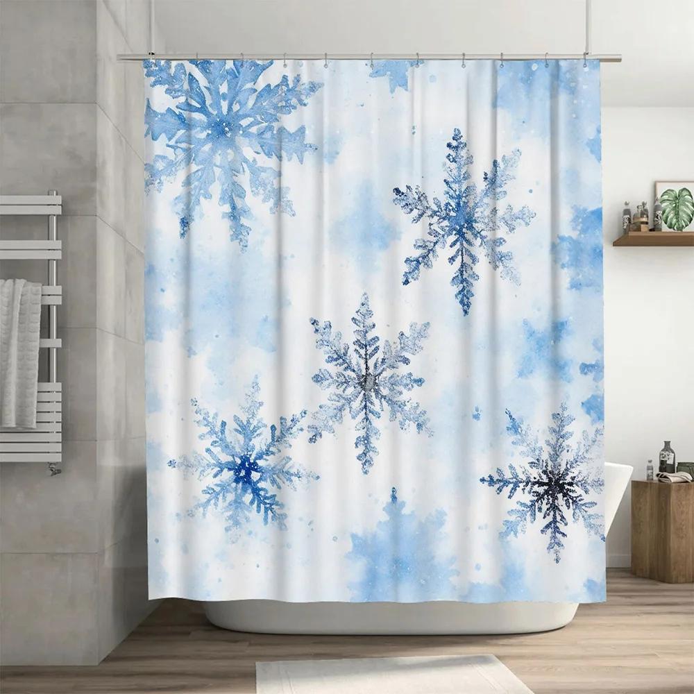 Snowy Flakes Blue Printed Shower Curtain Waterproof Bath Decor Home Decoration Soft Fabric Tub Liner White/Light Blue