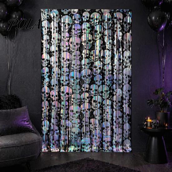 Decorative Festive Curtain Halloween Skull Foil Fringe Curtain, Iridescent Disposable Tablecloth, Pattern Party Decor Table Cover Tinsel Backdrop for