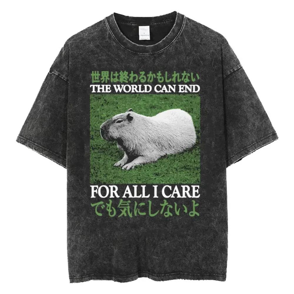 

Vintage Washed Loose Fit Tee Amare Box No Thoughts Head Empty Japanese Capybara Graphic Funny Unisex Women Casual Short Sleeve 2XL