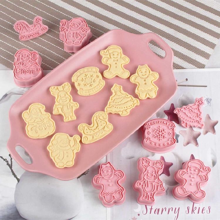 8-Piece Christmas Biscuit Molds Plastic Frosting Candy Fondants Push-type Moulds