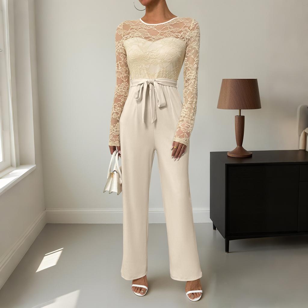 New Jumpsuit Lace Spliced Zipper Lace Solid Color Loose Jumpsuit
