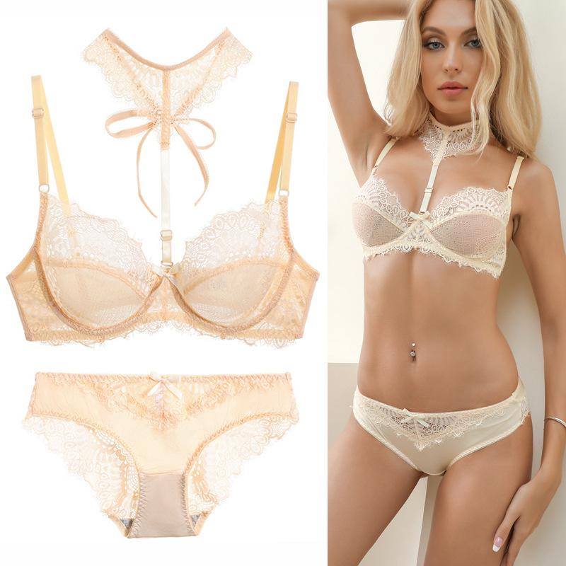 French-style Ultra-thin Lace Sexy Women's Bra and Panty Set Push-up Bra To Make Large Breasts Appear Smaller Skin-friendly and Comfortable Panties