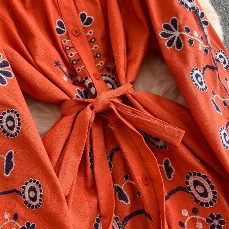 Vintage Embroidered Bandage Dress for Women Bohemian Lantern Sleeve Long Dress with Buttons Spring Autumn Vestidos Mujer