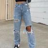 Women Button High Waist Pocket Elastic Hole Jeans Trousers Loose Denim Pants