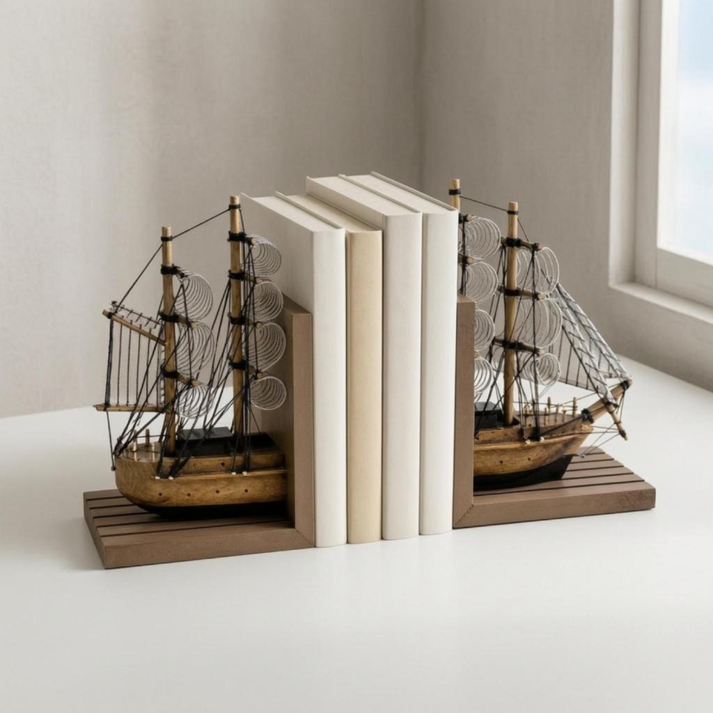 Wooden Bookend with Canvas Sails Sturdy for Bookshelf