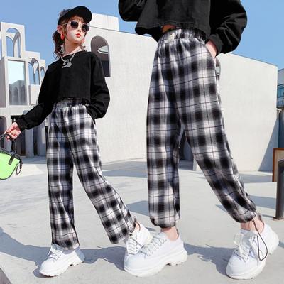 Girls' Casual Pants Outer Wear Fashion Plaid Trousers Big Children's Loose Wide-leg Girl Trendy Plaid Streetwear Adjustable Foot 2 Wear