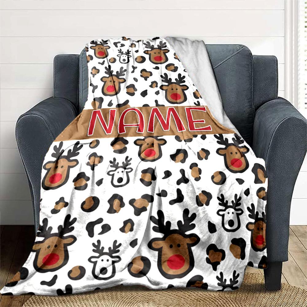 Reindeer Leopard Print Pattern Lightweight Customizable Blanket Personalized Name Warmthful Decor Versatile For Sofa Couch Office Bed Picnics Four
