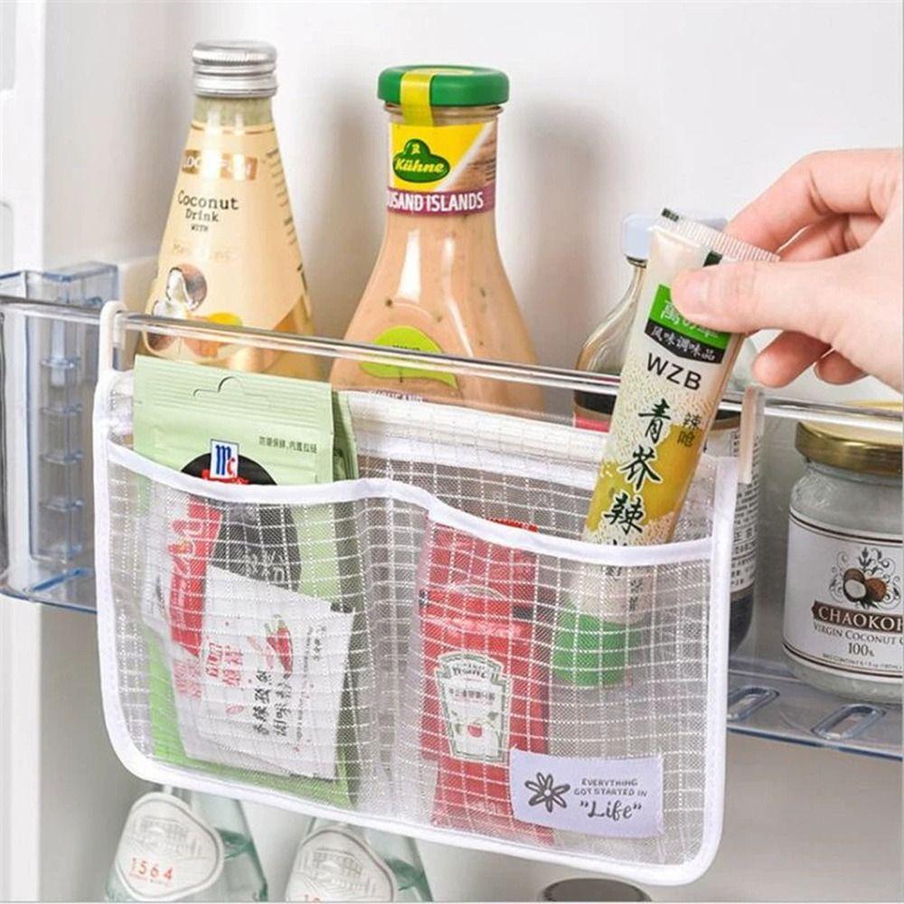 New Mesh Refrigerator Storage Bag Double Grid with Hook Kitchen Storage Pockets Large Capacity Refrigerator Organizer Hanging