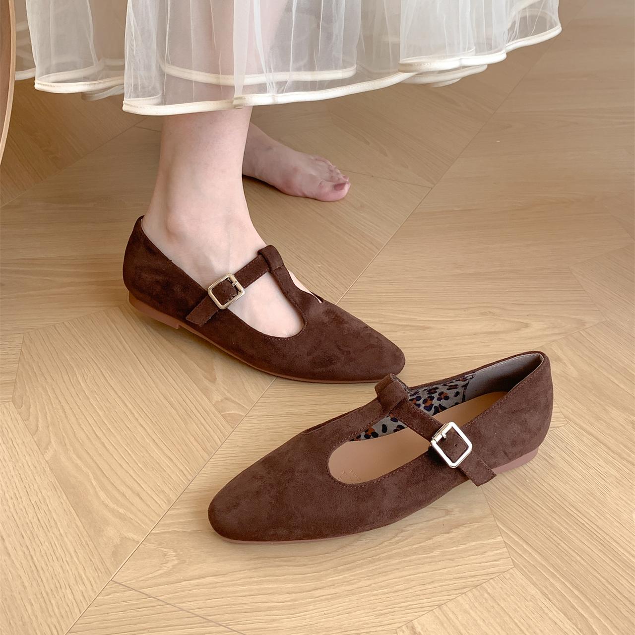 

Fashion Bailamos Brand Women Flats Women s T-shaped Buckle Flats Autumn Soft Sandals Fashion Retro Ballet Shoes 40