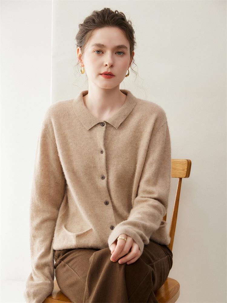 Korean Style V-Neck Cashmere Knit Cardigan with Pockets - Women's Loose Slimming Outerwear
