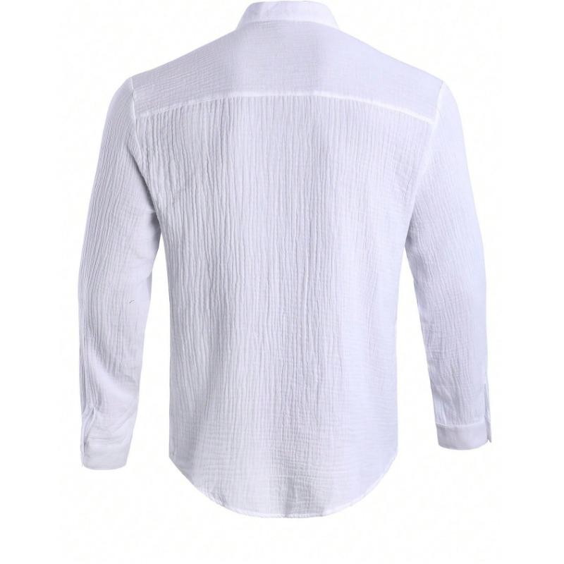 Mens Long Sleeve Stand Collar Solid Color Casual Beach Shirt