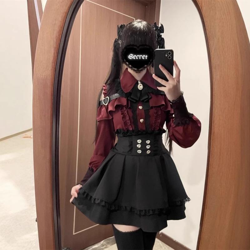 Damen Lolita Set Dark Femme Netzoberteil & Taillenbetonender Rock Herbst Japanischer Street Style Outfit für Gothic Baddie Mode Zweiteiliges Set