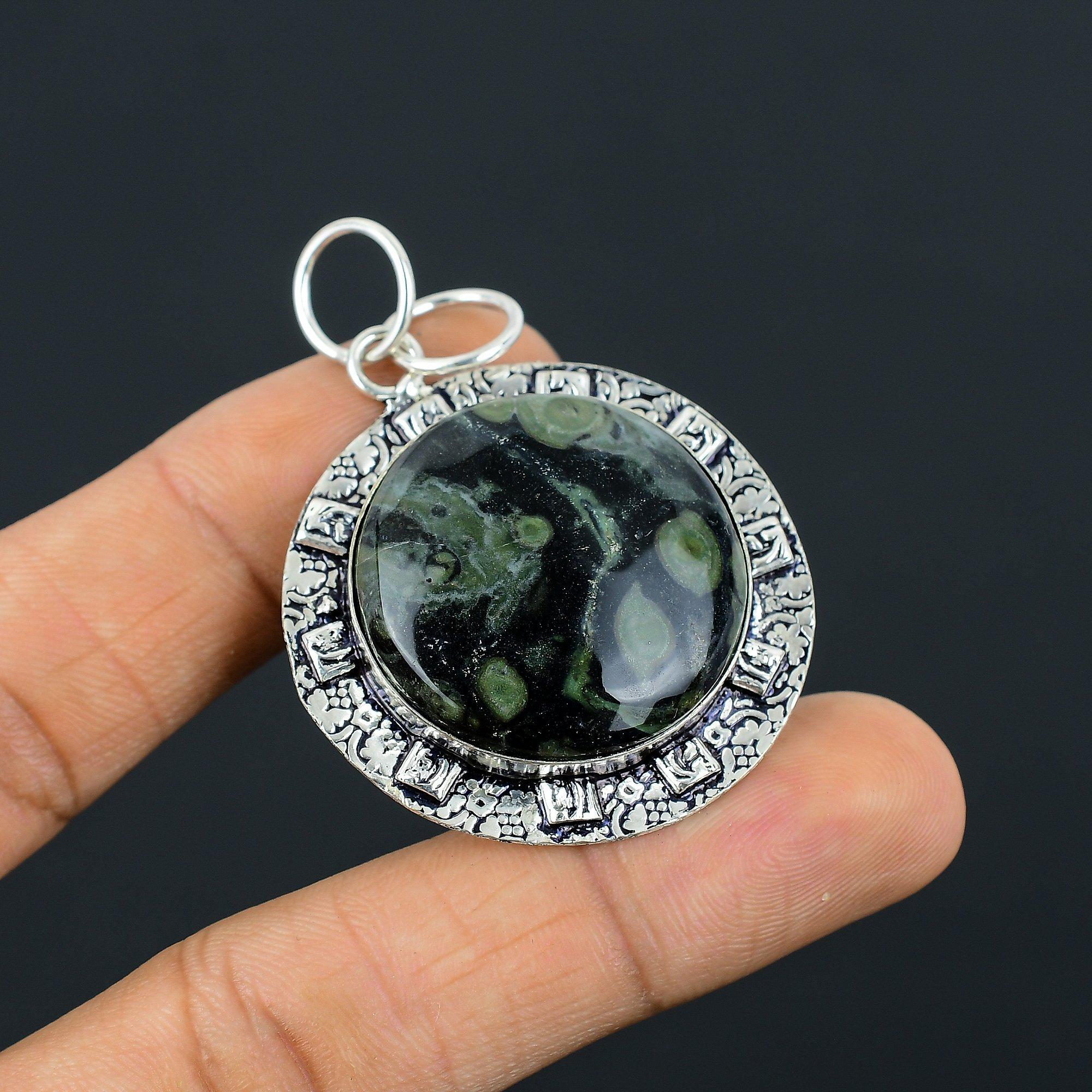 

Round Kambaba Jasper Gemstone Wife Bezel Art Deco Pendant 925 Sterling Silver