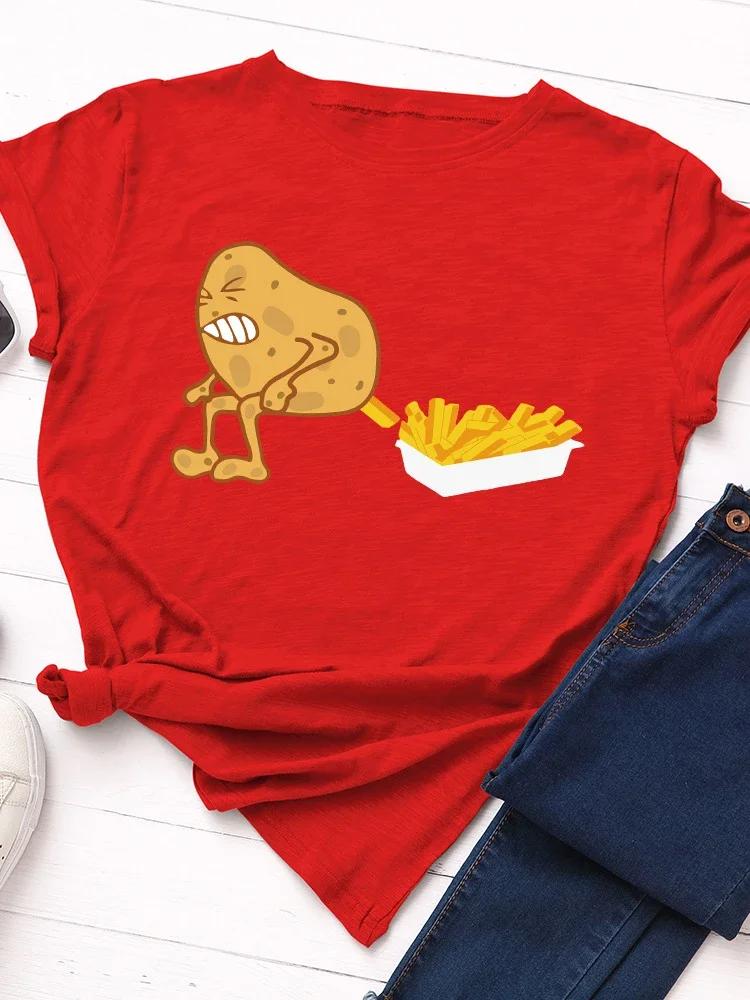 

Забавный принт картофеля фри женская футболка с коротким рукавом и круглым вырезом свободная женская футболка женская футболка топы одежда Camisetas Mujer 4XL