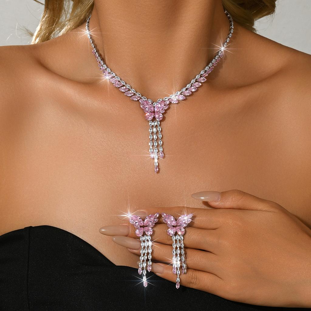 Cute and Sweet European and Sparkling Diamond tassel Butterfly Necklace Earrings
