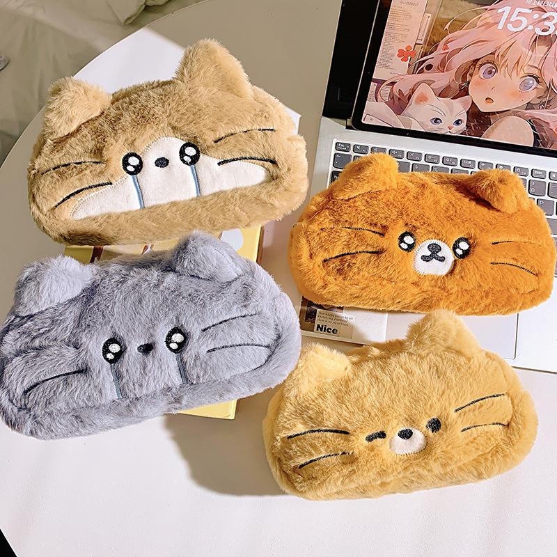 Cute Plush Cat Pencil Case Soft Fluffy Texture Large Storage Perfect For School Students Office Stationery Organization
