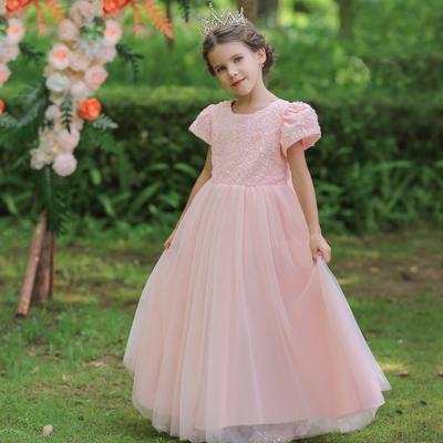 Girls Princess Dress Rose Flower Bow Tutu Long Gown Kids Breathable Mesh Party and Banquet Formal Wedding Performance Outfit