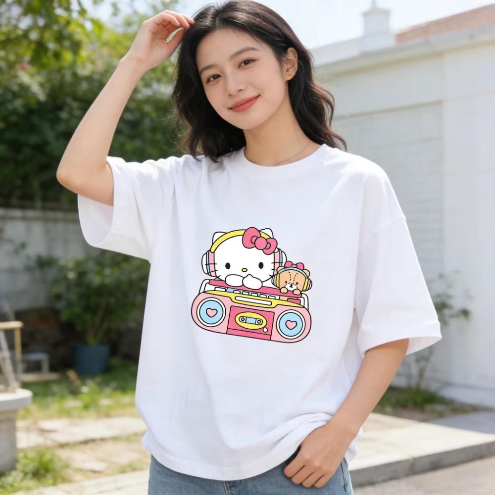 

2026 Summer Hello Kitty Cartoon Printed Short Sleeve Pure Comfortable summer loose Tshirt for Women S
