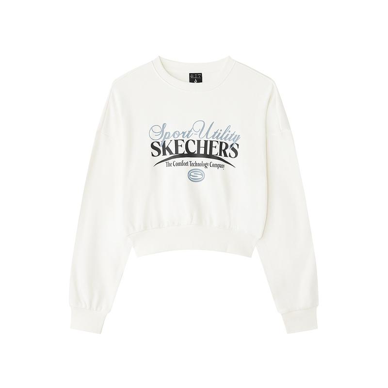 Skechers Sport Alliance Series Logo Print Round Neck Knit Pullover Short Sweatshirt Women sweatshirt Cotton-Candy-White L125W093-0074 M