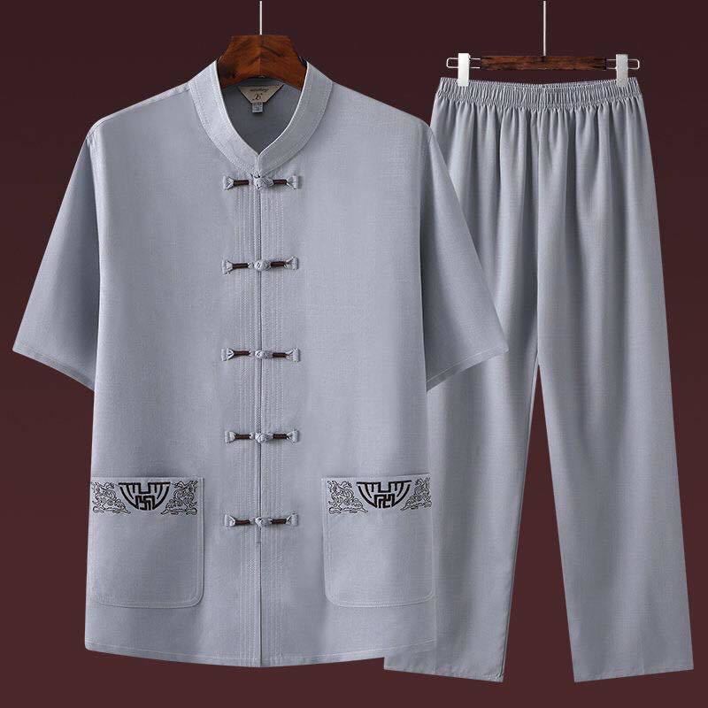 Traje de lino y algodón chino de verano de talla grande para hombre, conjunto de dos piezas de manga corta y pantalones