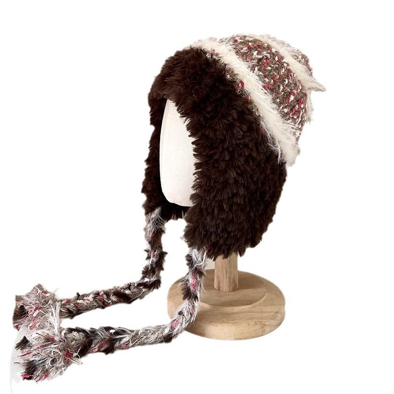 Autumn and Winter Striped Splicing Wool Hat Women's Velvet Thickened Warm Ear Protection Big Head Circumference Lei Feng Knitted Hat