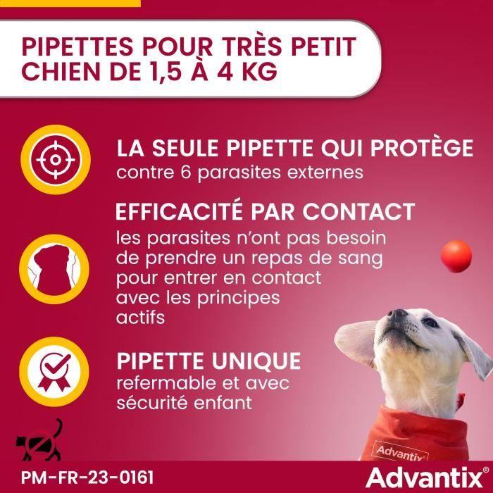 Advantix Chien Solution Antiparasitaire Puces Tiques Répulsif Mouches Moustiques Phlébotomes 1,5 À 4kg 4 Pipettes