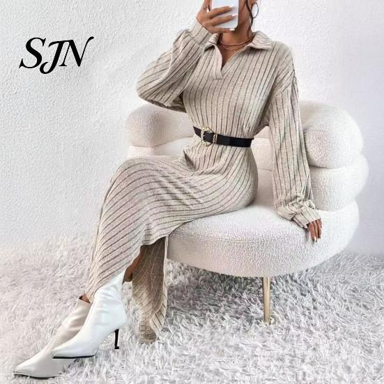 Ribbed Sweater Dress Women Knit for Fall Winter, Long Sleeve with Elegant Dresses Side Split, Solid Color Casual Collared V Neck Midi