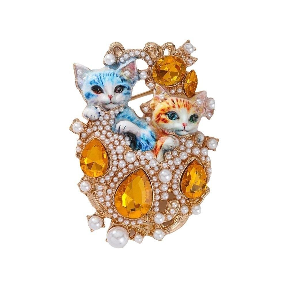 

Vintage Two Cat Brooch Light Luxury Imitation Rhinestone Brooch Clothes Decoration синій