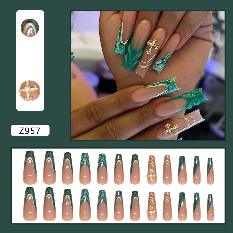 Patch removable nail dark green French fake nail three-dimensional gold wearing nail cross diamond 24 pieces