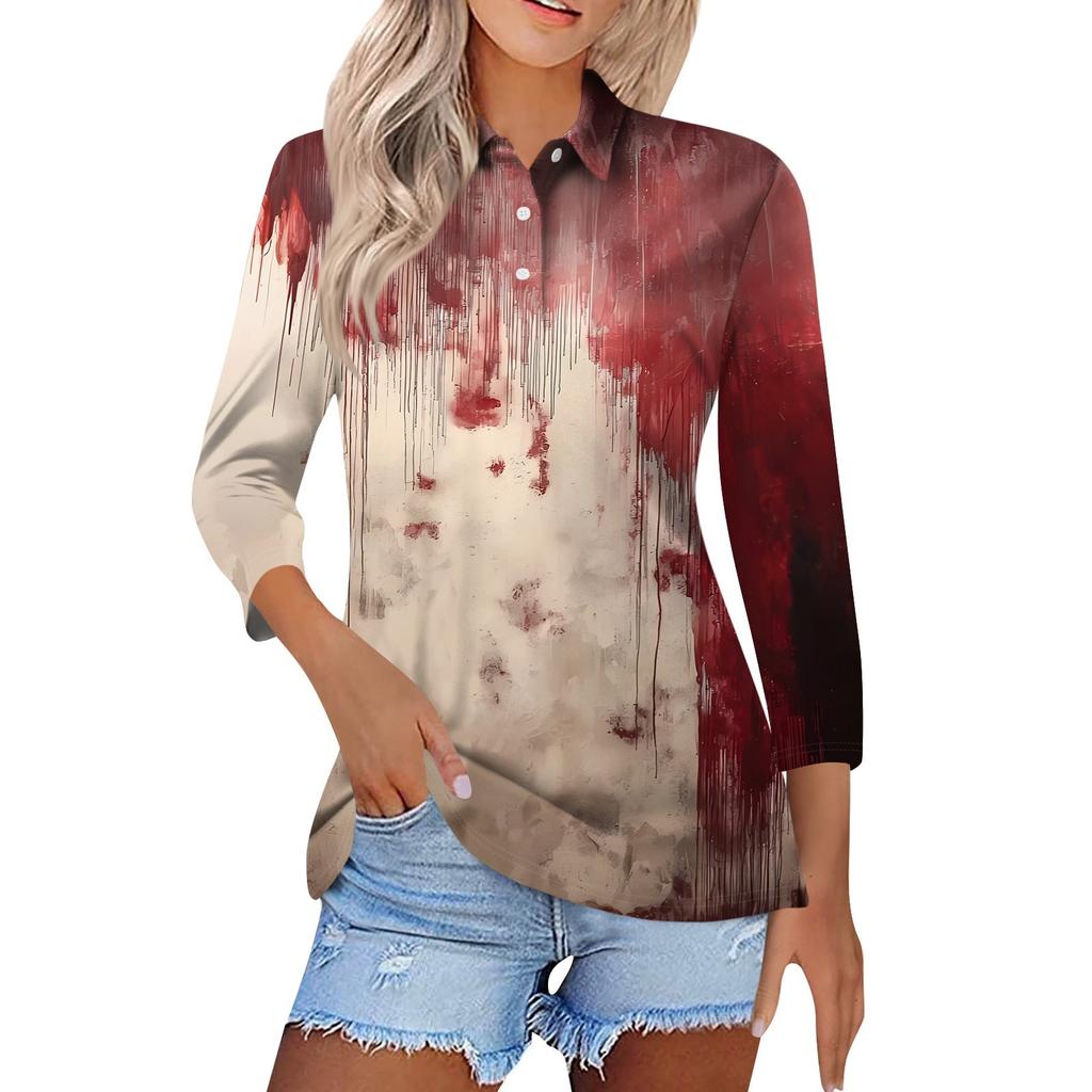 Women's Fashion Casual Lapel Short 3/4 Sleeve Halloween Print Shirt Women's Button Up Tops