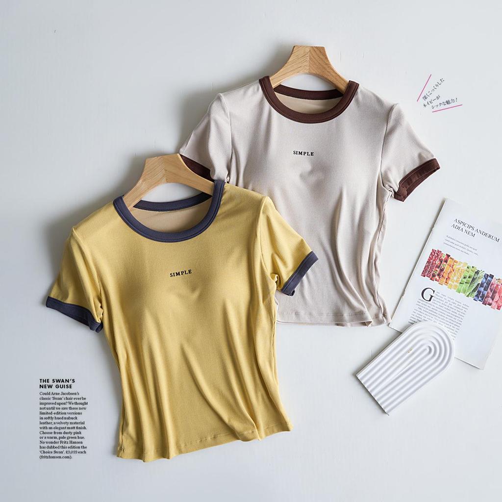 Women's Contrast Casual Short-Sleeve T-Shirt with Chest Pads, Bra-Free, One-Piece Round Neck for Summer.