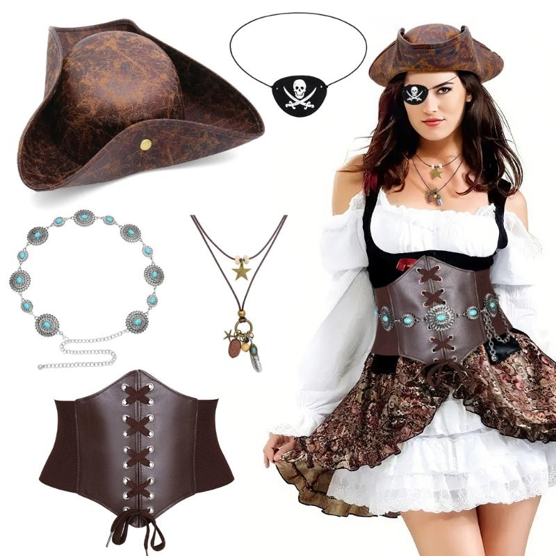 Pirate Costume Accessories Pirate Hat,Medieval Corset Eye Patches Waist Belt Necklace Halloween Pirate Queen Outfits