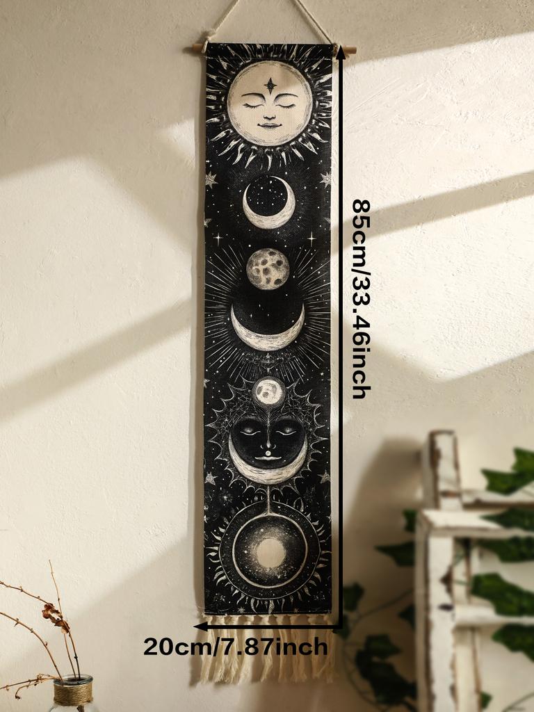 1pc Boho Celestial Wall Hanging Tapestry, Moon Phase Black and White Banner with Tassel, Witchy Bedroom Home Wall Art Decoration